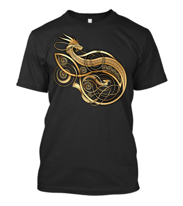 Norse Dragon Mother And Child Gold Celtic Knotwork T-Shirt