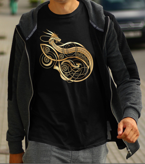 Norse Dragon Mother And Child Gold Celtic Knotwork T-Shirt