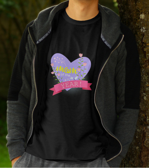 Mom Of The Year Lavender Heart With Pink Tulip Flowers T-Shirt