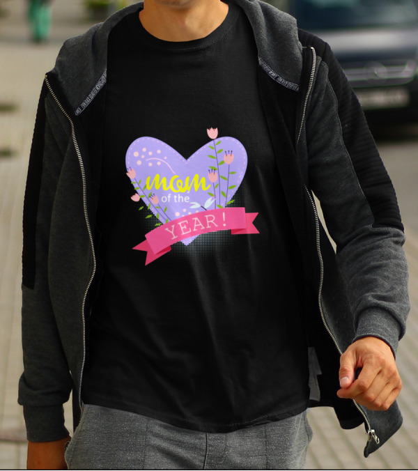 Mom Of The Year Lavender Heart With Pink Tulip Flowers T-Shirt