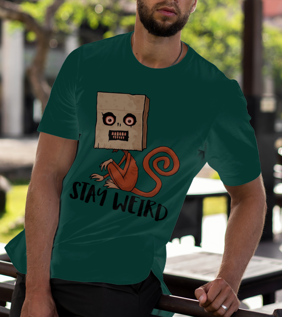 Stay Weird Sack Monkey Creepy Box Head Cartoon T-Shirt
