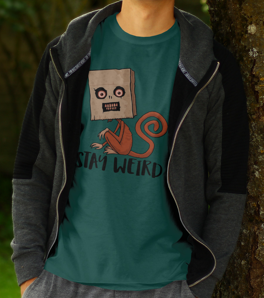 Stay Weird Sack Monkey Creepy Box Head Cartoon T-Shirt