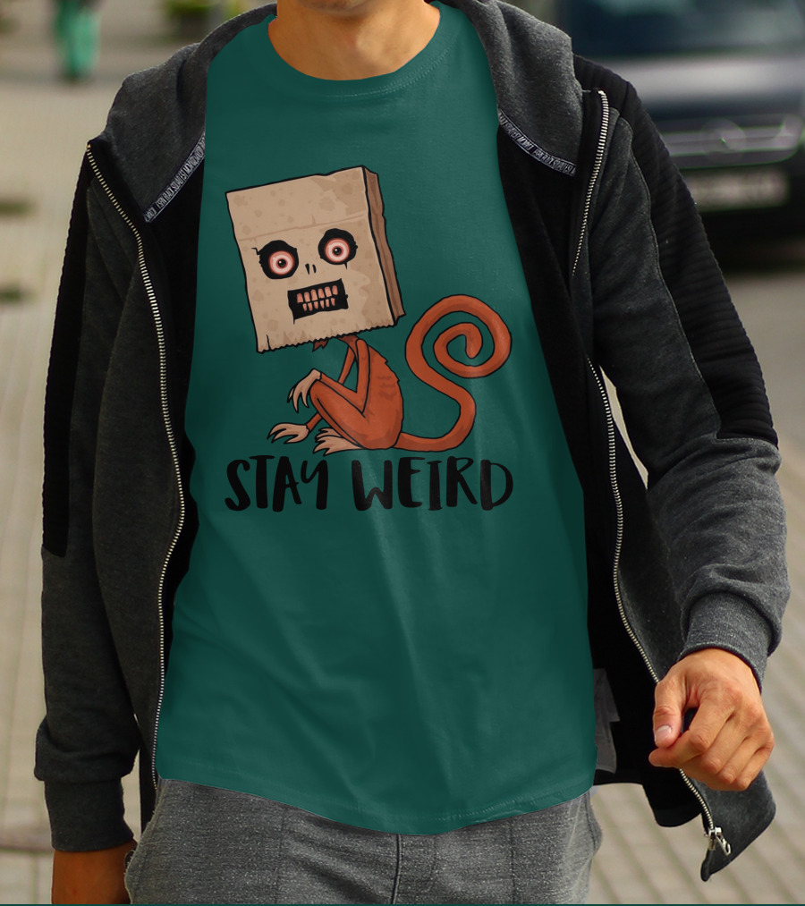 Stay Weird Sack Monkey Creepy Box Head Cartoon T-Shirt
