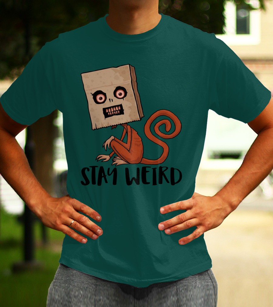 Stay Weird Sack Monkey Creepy Box Head Cartoon T-Shirt