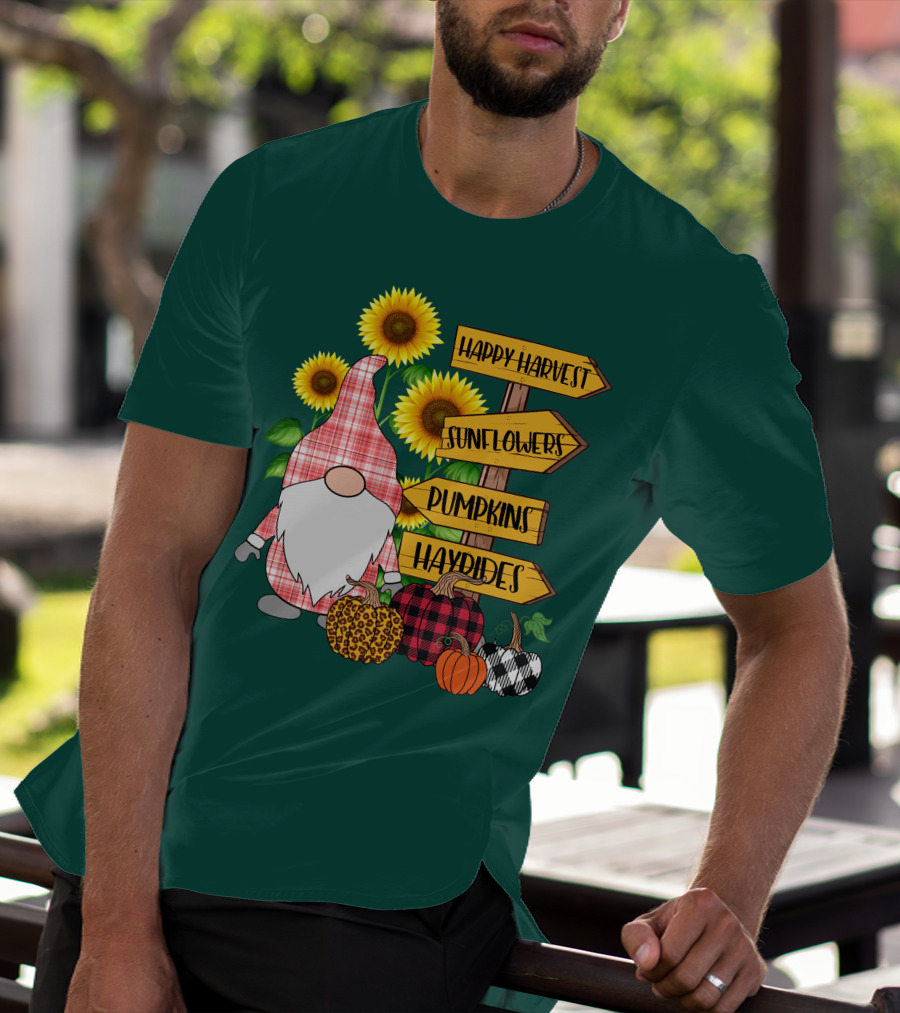 Happy Harvest Sunflowers Pumpkins Hayrides Gnome T-Shirt