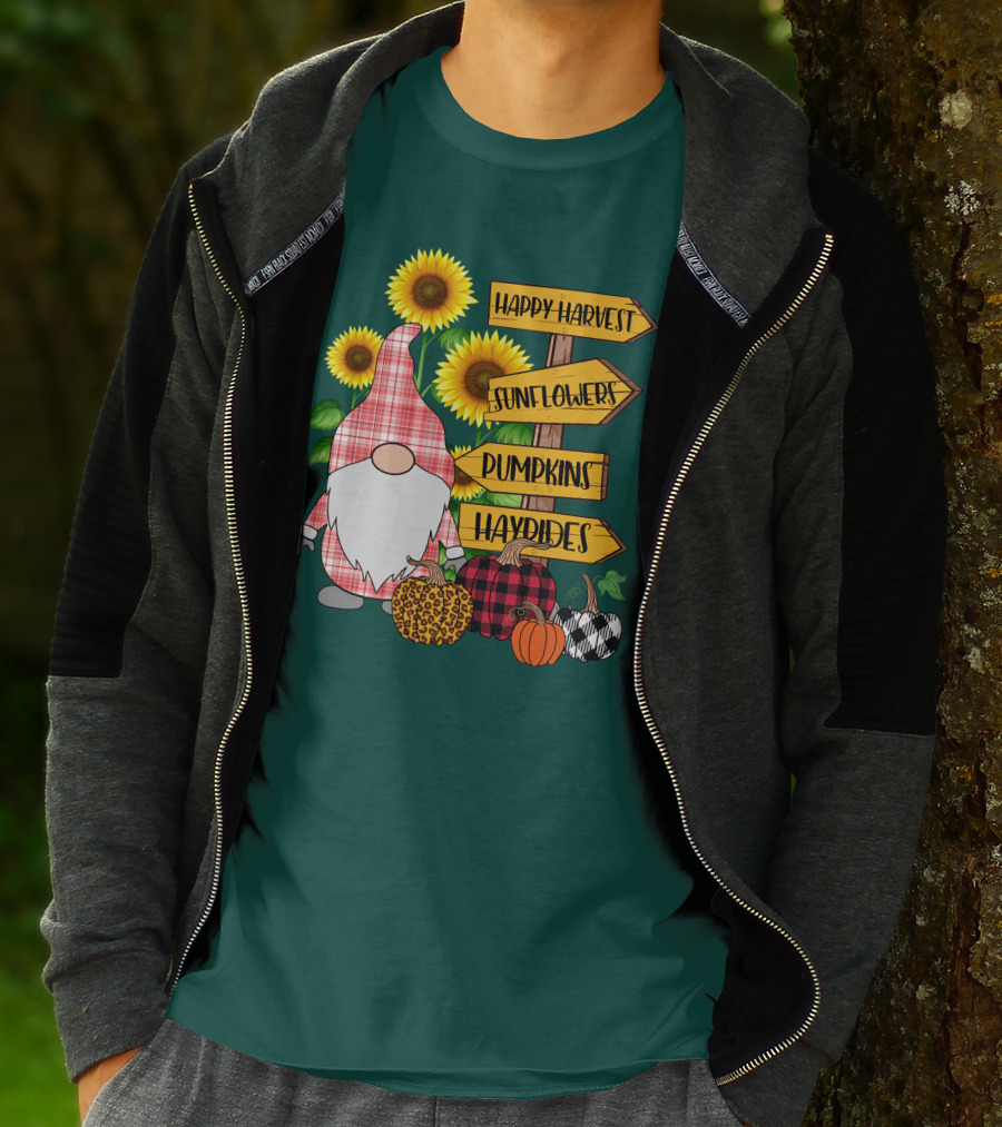 Happy Harvest Sunflowers Pumpkins Hayrides Gnome T-Shirt