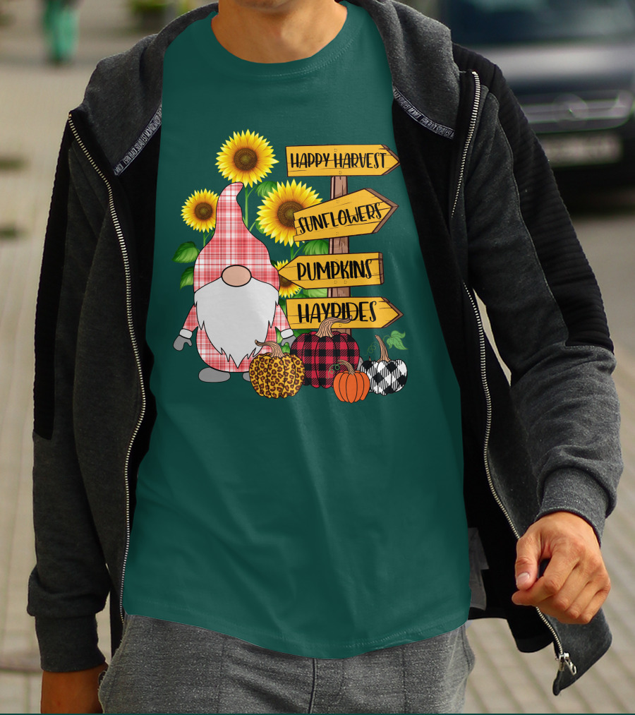 Happy Harvest Sunflowers Pumpkins Hayrides Gnome T-Shirt