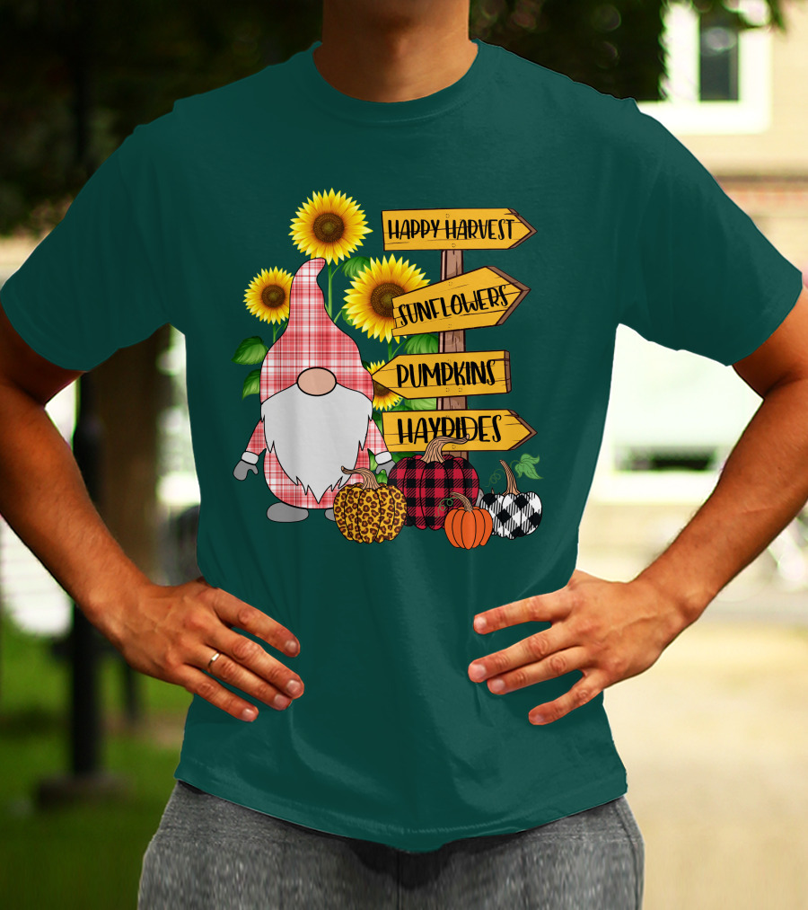 Happy Harvest Sunflowers Pumpkins Hayrides Gnome T-Shirt