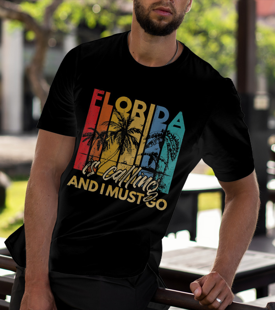 Florida Is Calling And I Must Go Beach Vacation Summer Retro Palm Trees T-Shirt