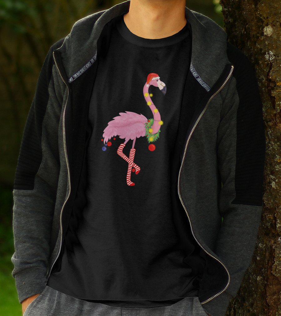 Flamingo Christmas Santa Hat Candy Cane Leggings T-Shirt