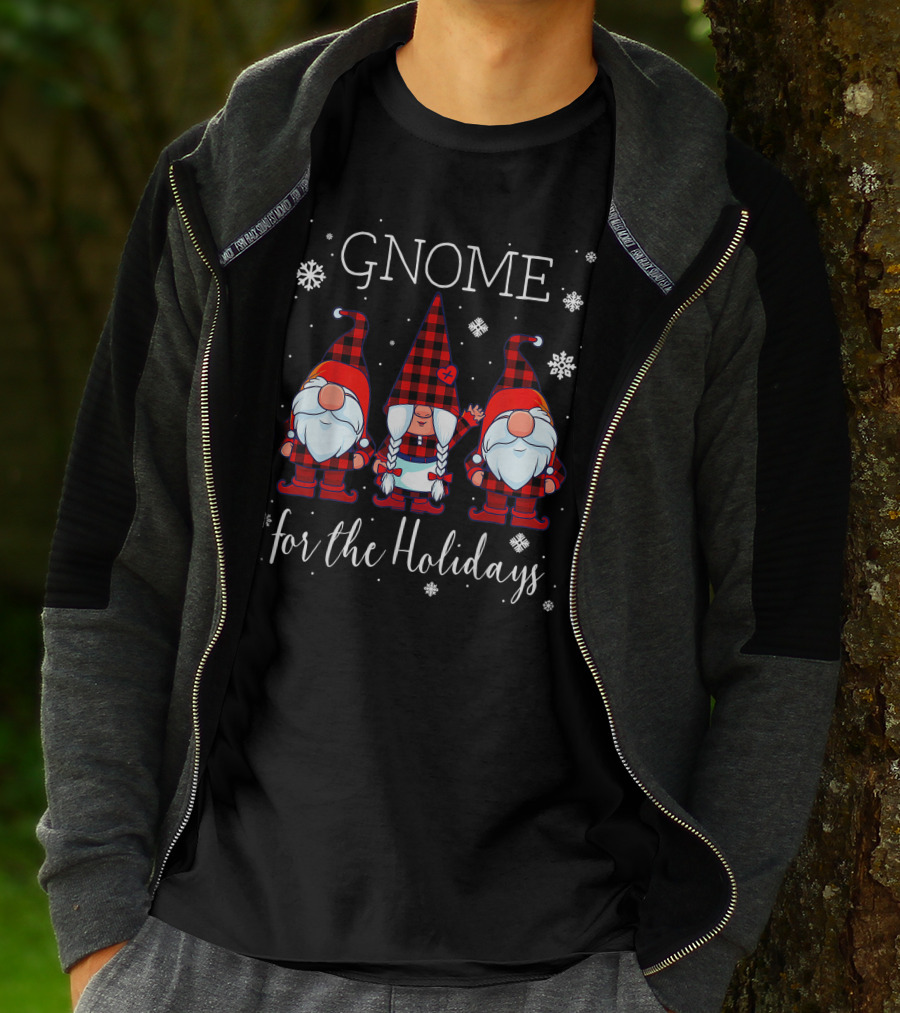 Gnome For The Holidays Buffalo Plaid 3 Gnomes Christmas Snowflakes T-Shirt