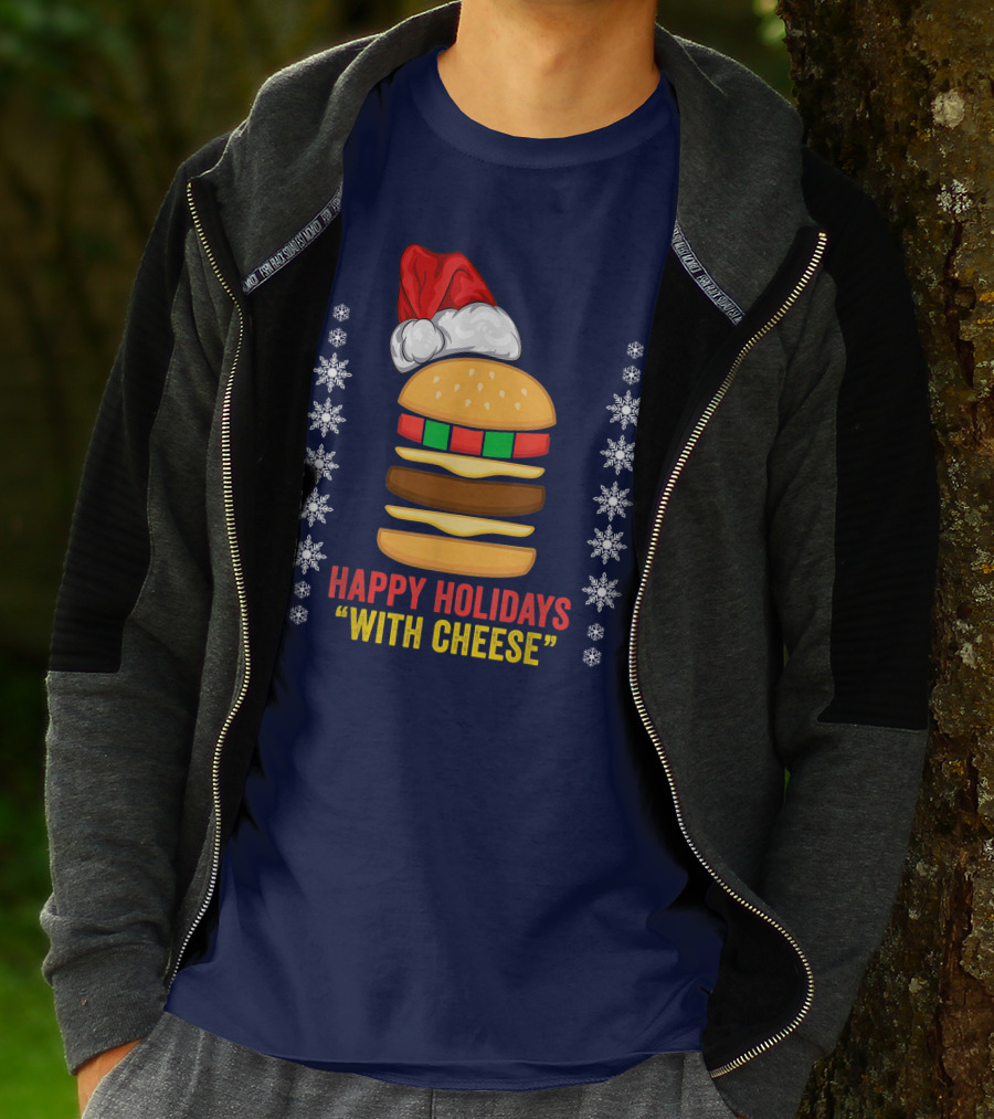 Happy Holidays With Cheese Christmas Cheeseburger Santa Hat Snowflakes T-Shirt