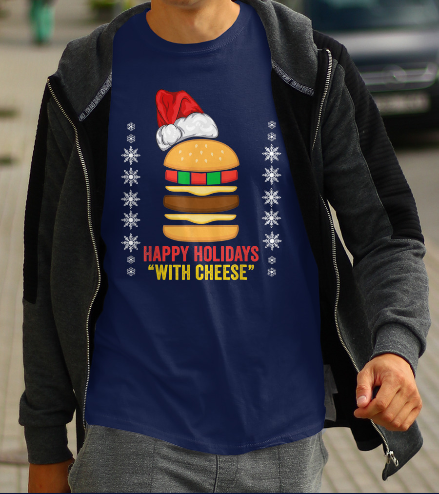 Happy Holidays With Cheese Christmas Cheeseburger Santa Hat Snowflakes T-Shirt