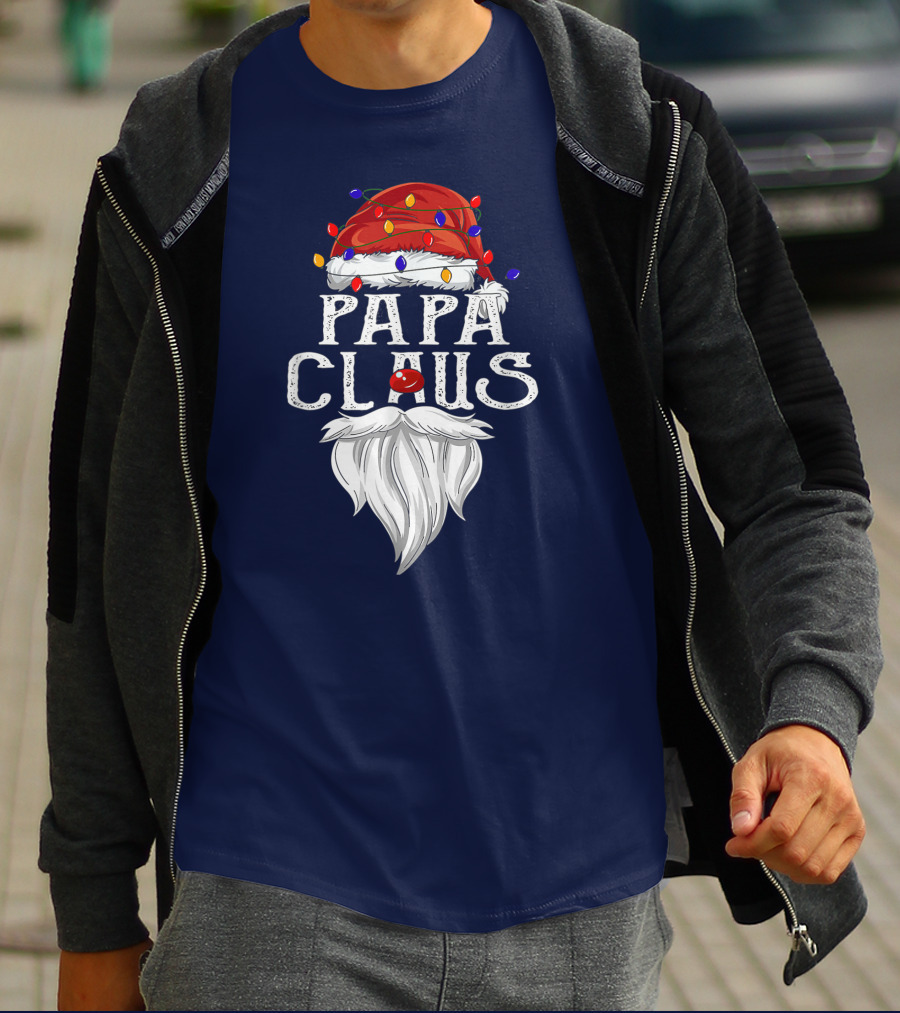 Papa Claus Santa Hat Beard Christmas Lights T-Shirt