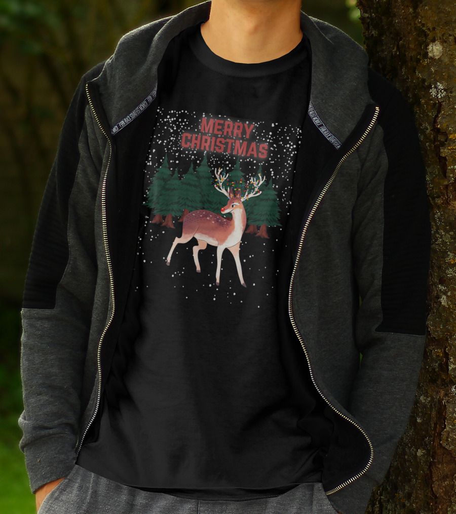 Merry Christmas Reindeer Rudolph Tangled Christmas Lights Snowy Forest T-Shirt