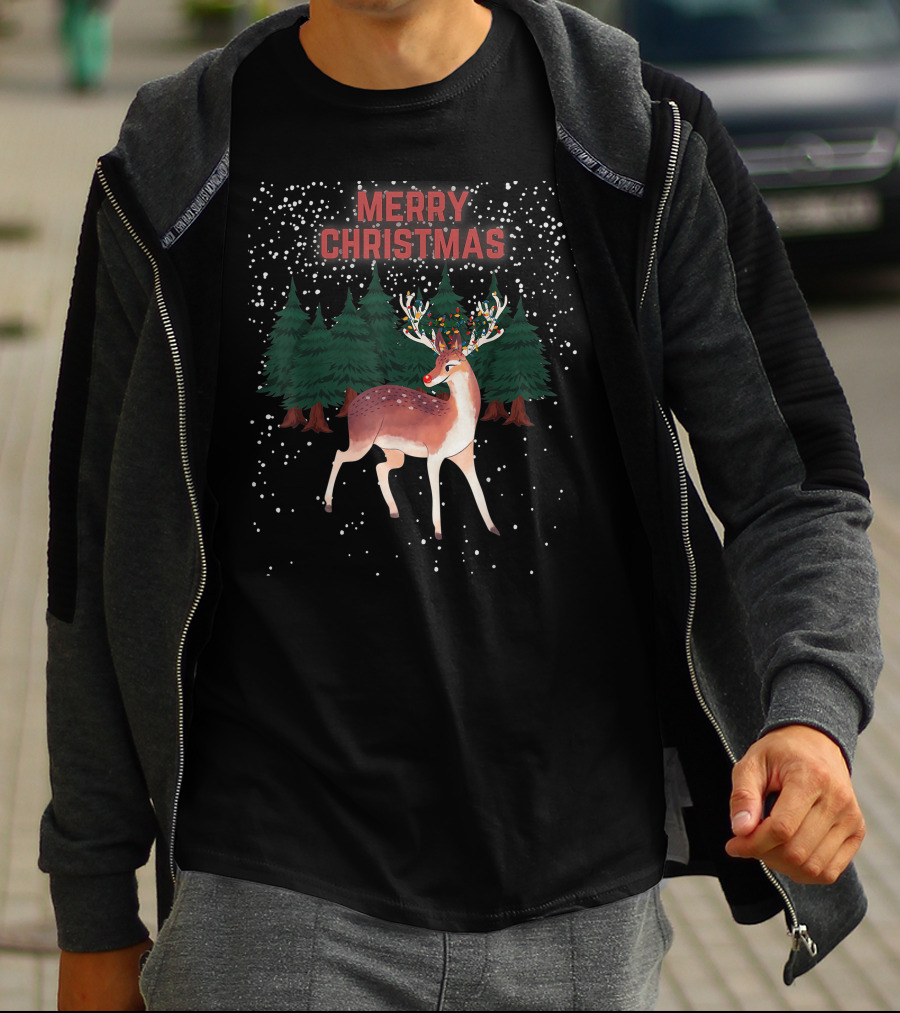 Merry Christmas Reindeer Rudolph Tangled Christmas Lights Snowy Forest T-Shirt