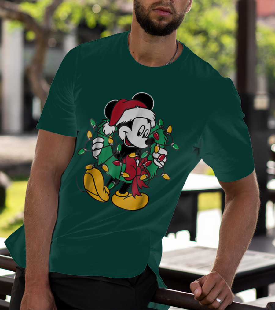 Disney Mickey Mouse Santa Hat Christmas Lights Wreath T-Shirt