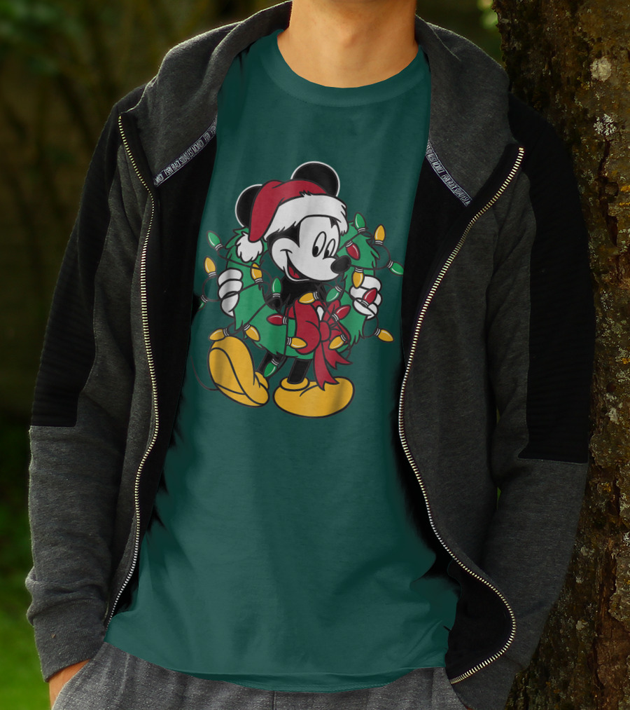 Disney Mickey Mouse Santa Hat Christmas Lights Wreath T-Shirt