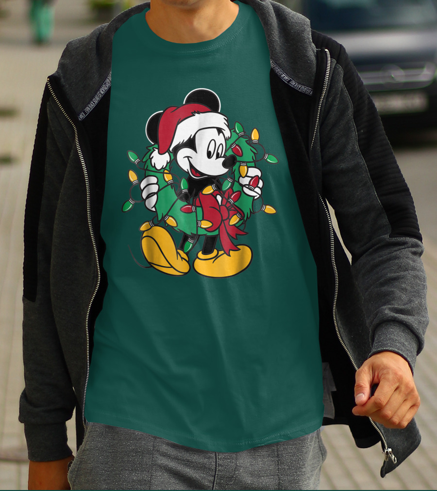 Disney Mickey Mouse Santa Hat Christmas Lights Wreath T-Shirt
