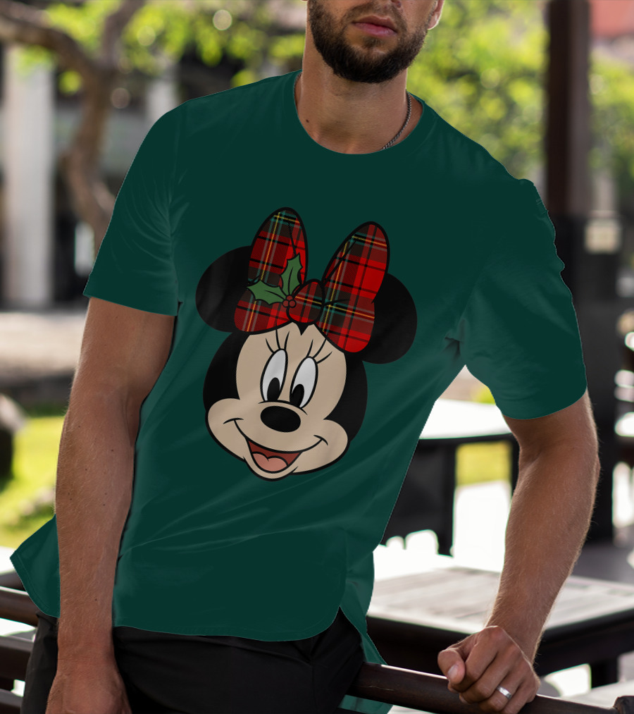 Disney Minnie Mouse Plaid Christmas Bow With Holly T-Shirt