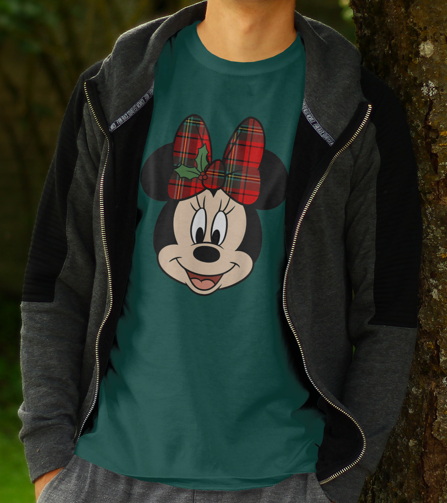 Disney Minnie Mouse Plaid Christmas Bow With Holly T-Shirt
