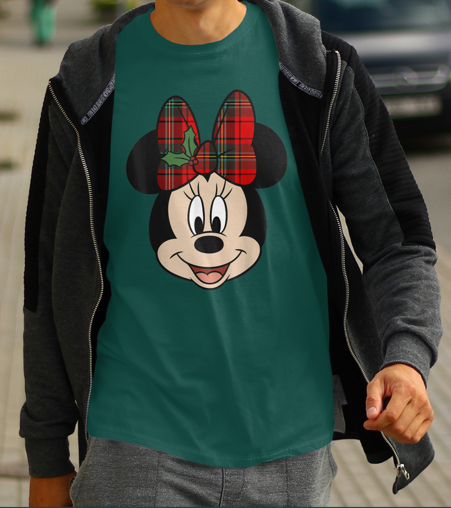 Disney Minnie Mouse Plaid Christmas Bow With Holly T-Shirt