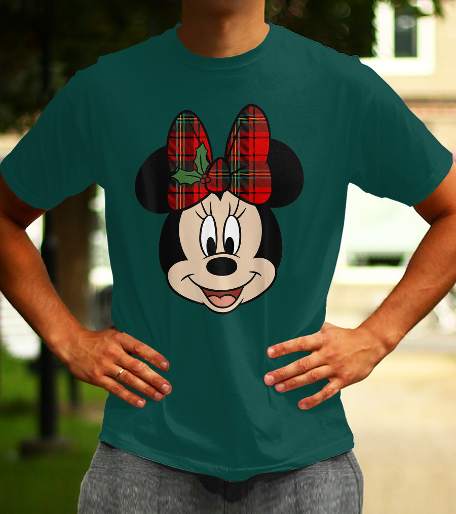 Disney Minnie Mouse Plaid Christmas Bow With Holly T-Shirt