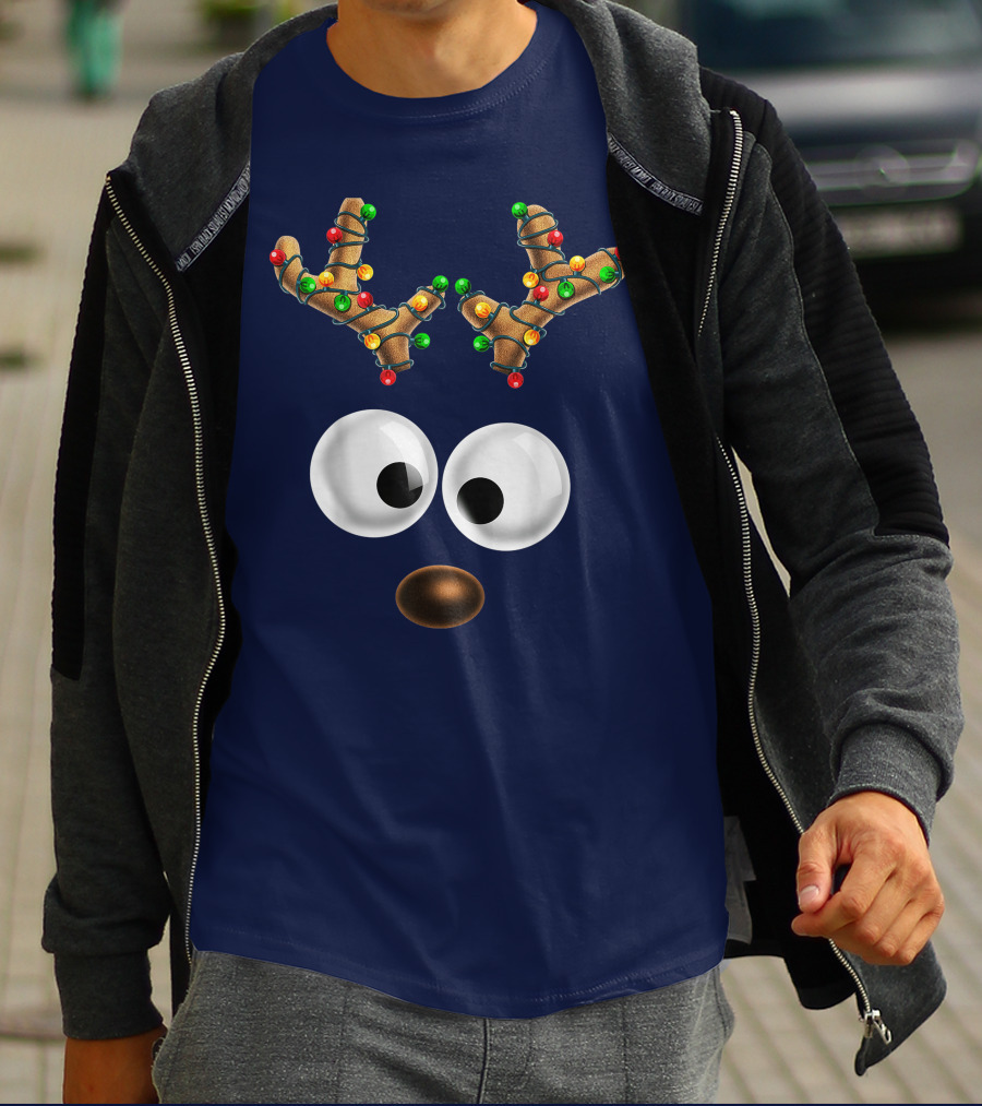 Colorful Lights Reindeer Face Christmas Matching Family T-Shirt