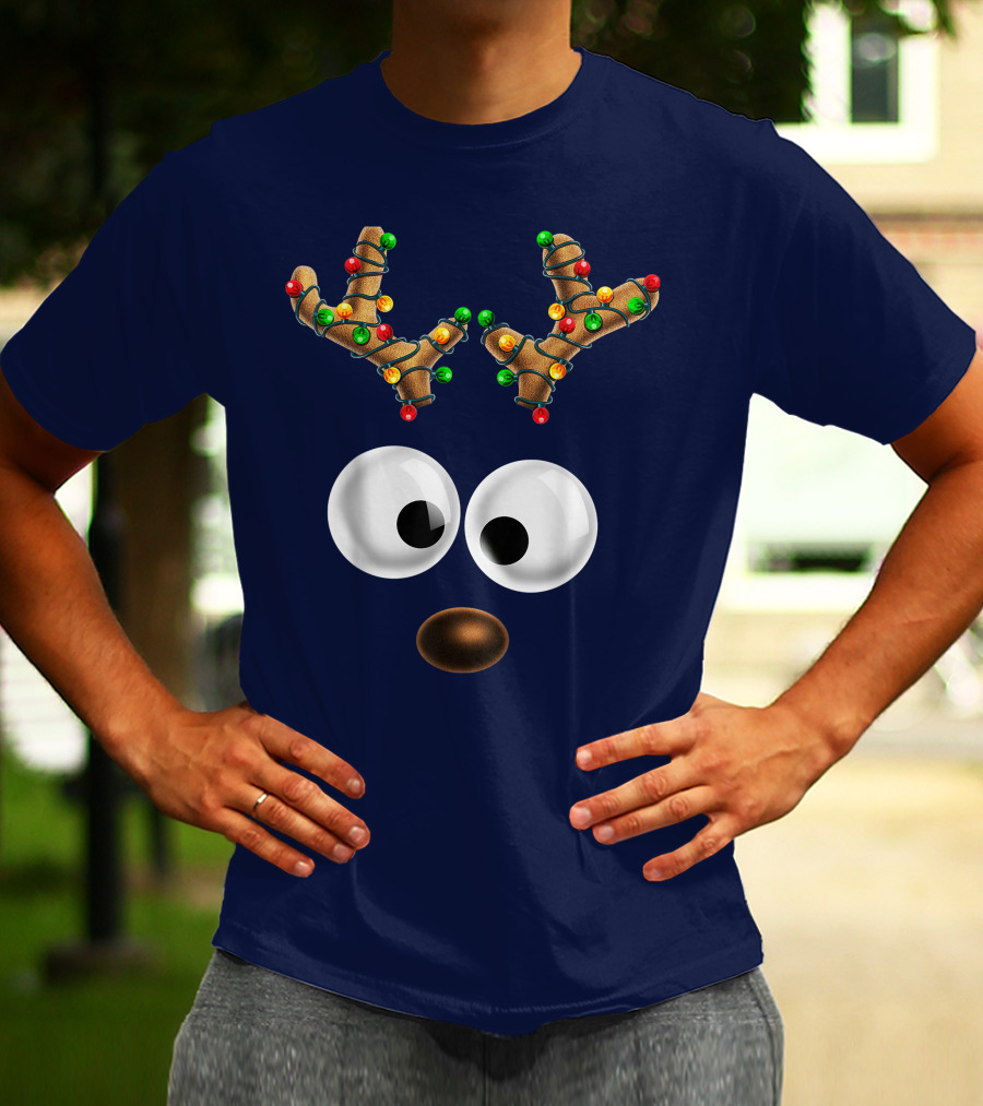 Colorful Lights Reindeer Face Christmas Matching Family T-Shirt