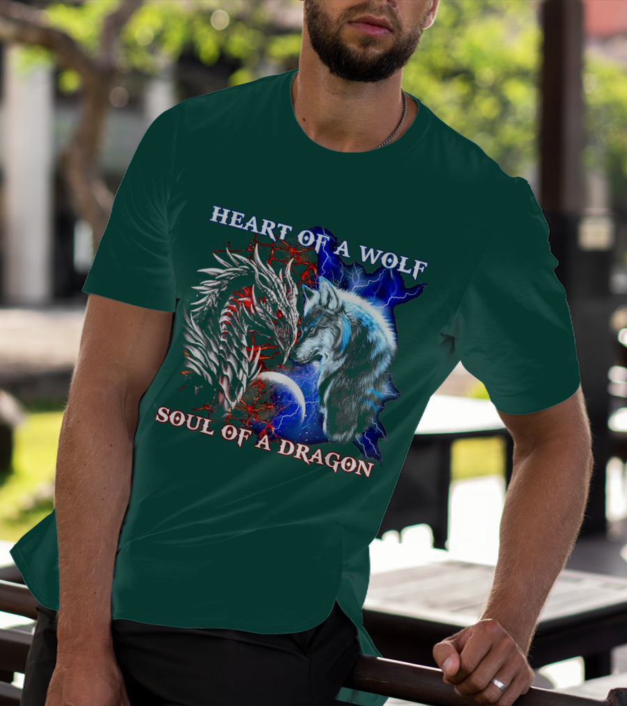 HEART OF A WOLF SOUL OF A DRAGON Wolf Dragon Lightning Planet Cracked Earth T-Shirt
