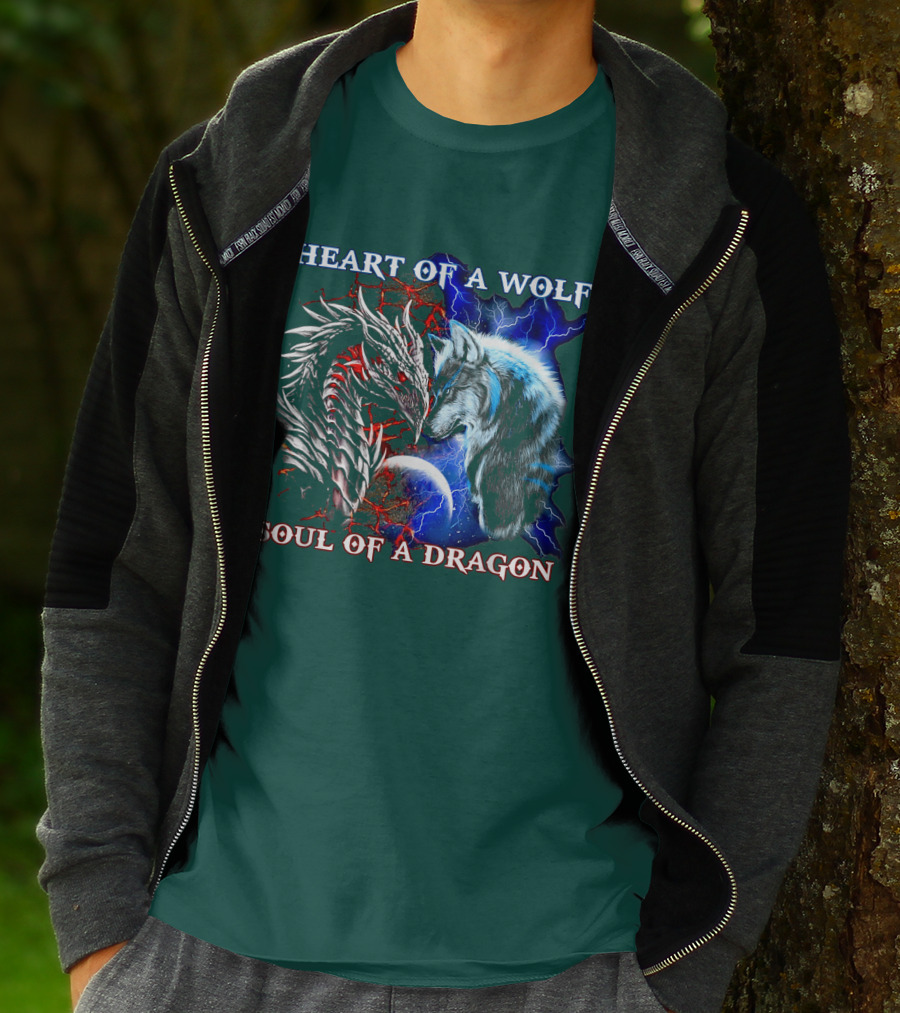 HEART OF A WOLF SOUL OF A DRAGON Wolf Dragon Lightning Planet Cracked Earth T-Shirt
