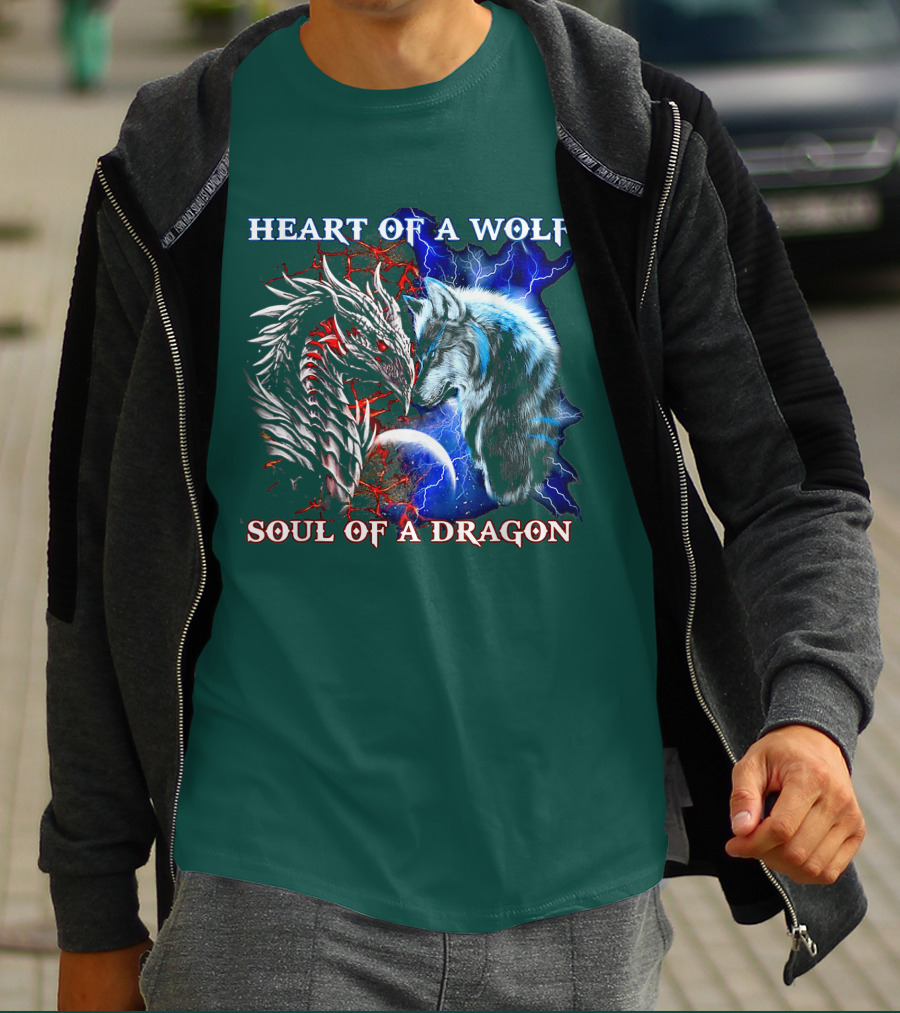 HEART OF A WOLF SOUL OF A DRAGON Wolf Dragon Lightning Planet Cracked Earth T-Shirt