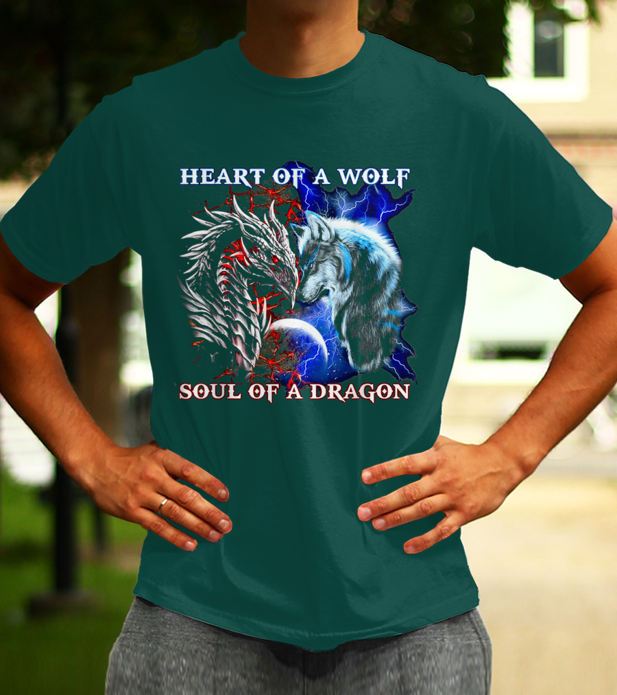 HEART OF A WOLF SOUL OF A DRAGON Wolf Dragon Lightning Planet Cracked Earth T-Shirt