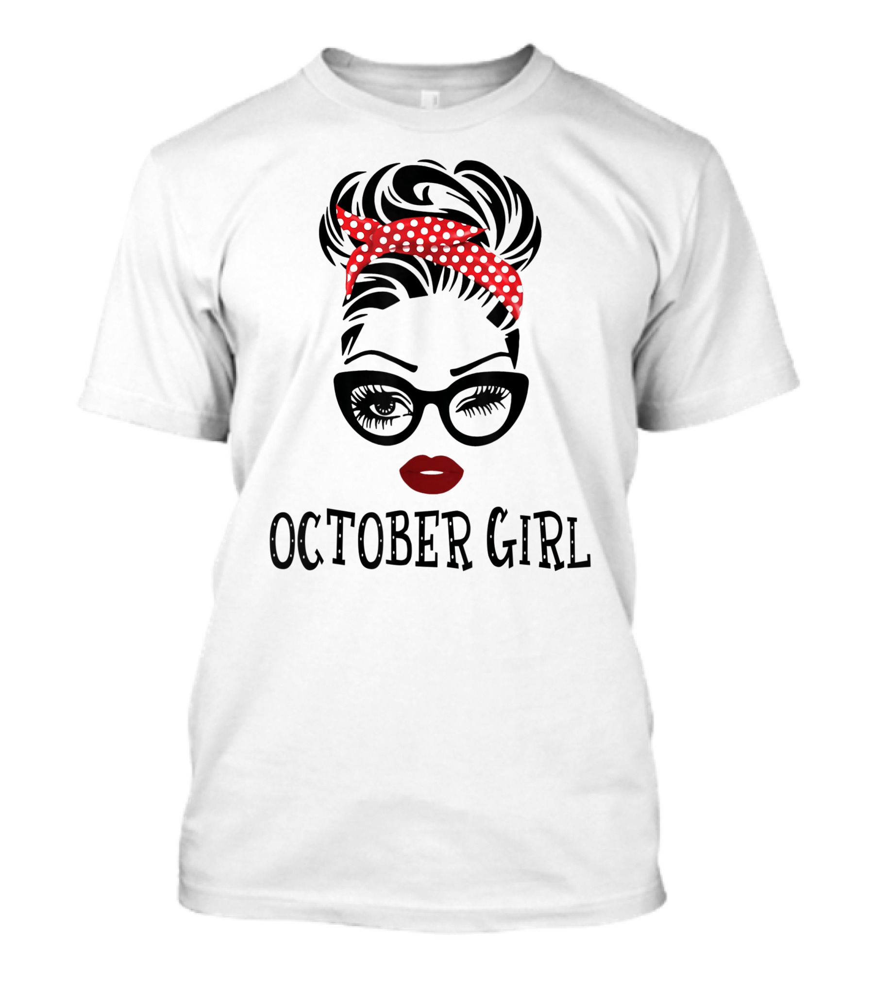 October Girl Woman Face Wink Eyes Red Lipstick Polka Dot Headband T-Shirt