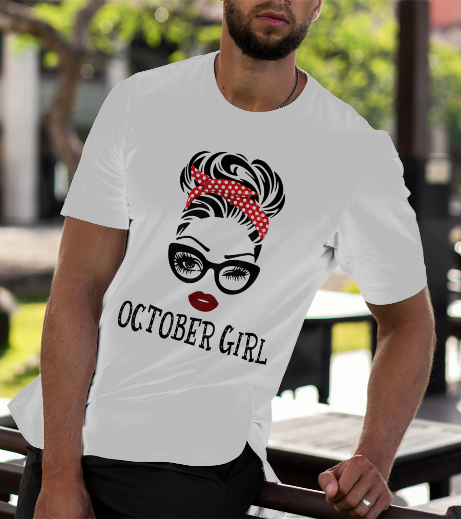 October Girl Woman Face Wink Eyes Red Lipstick Polka Dot Headband T-Shirt