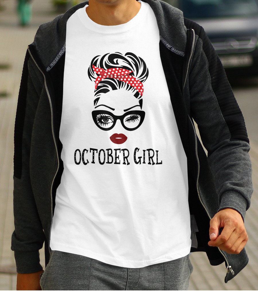 October Girl Woman Face Wink Eyes Red Lipstick Polka Dot Headband T-Shirt