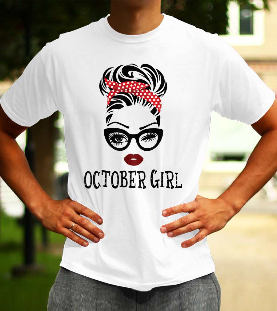 October Girl Woman Face Wink Eyes Red Lipstick Polka Dot Headband T-Shirt