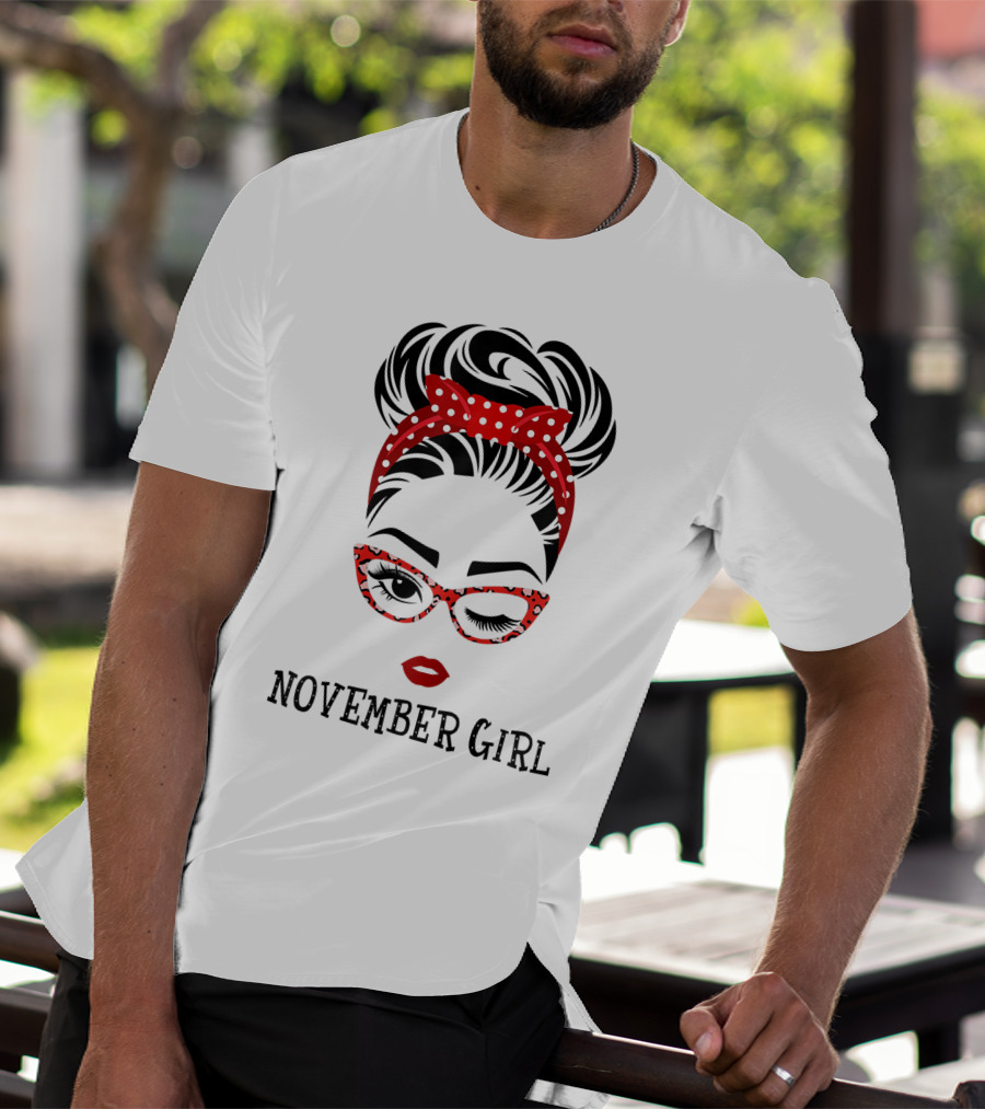 November Girl Wink Eye Woman Face Wink Eyes Lady Birthday Red Polka Dot Glasses T-Shirt