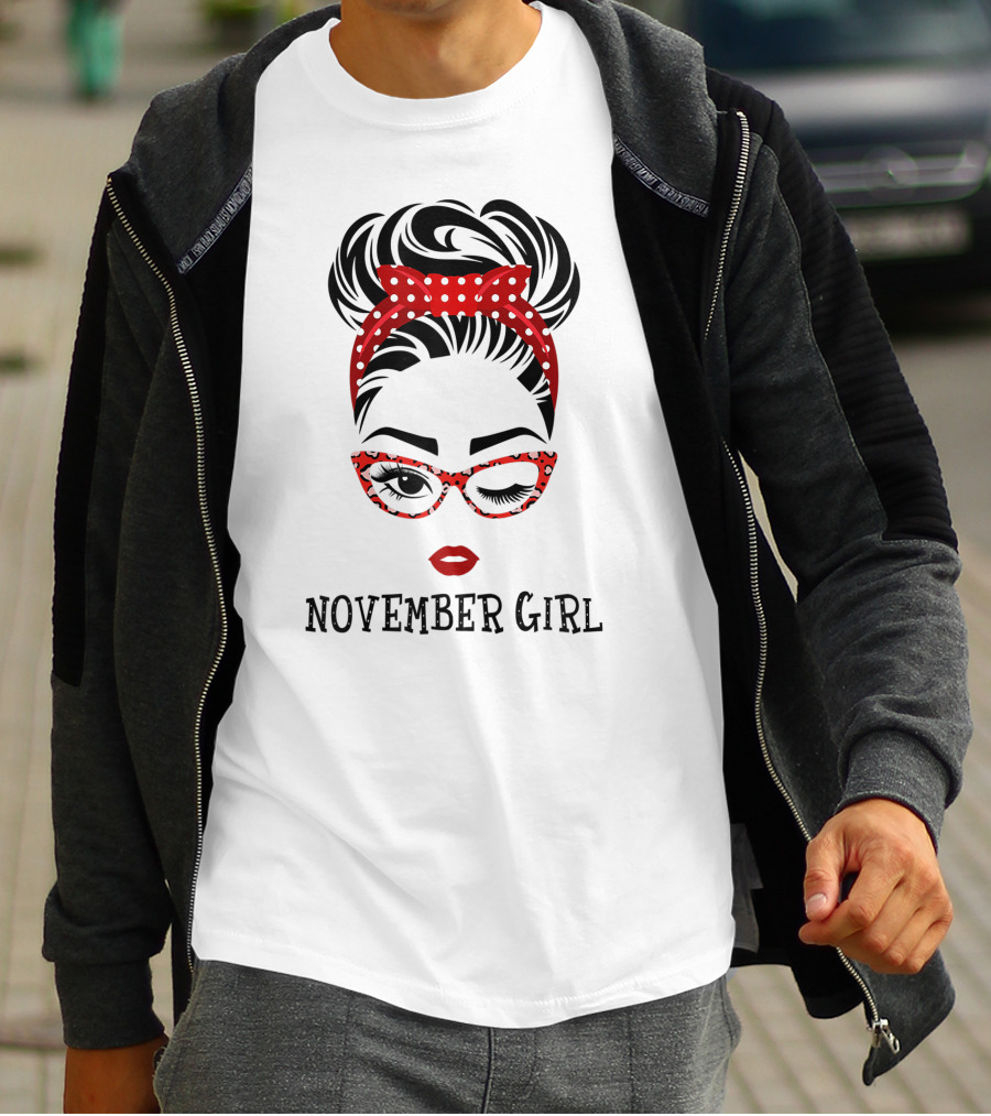 November Girl Wink Eye Woman Face Wink Eyes Lady Birthday Red Polka Dot Glasses T-Shirt