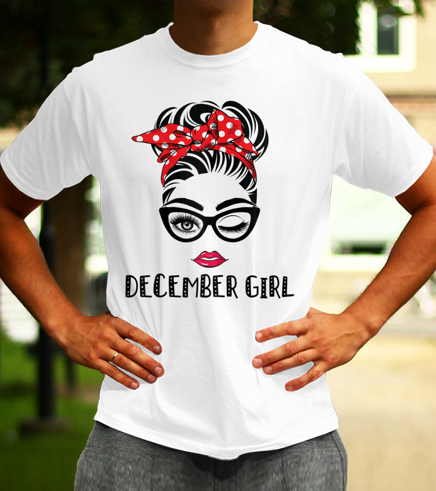 December Girl Woman Face Wink Eyes Lady Face Birthday Red Polka Dot Headband T-Shirt