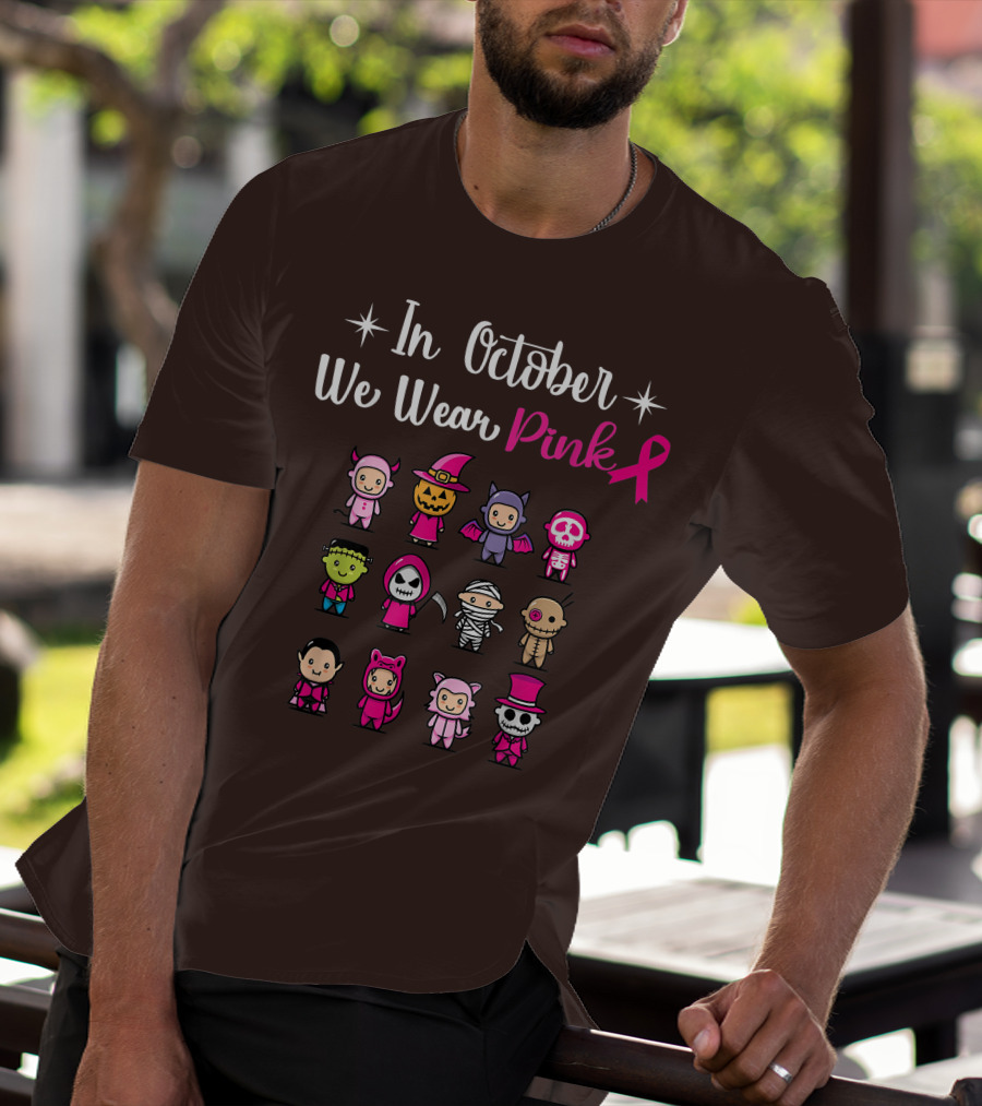 In October We Wear Pink Breast Cancer Awareness Halloween Characters T-Shirt