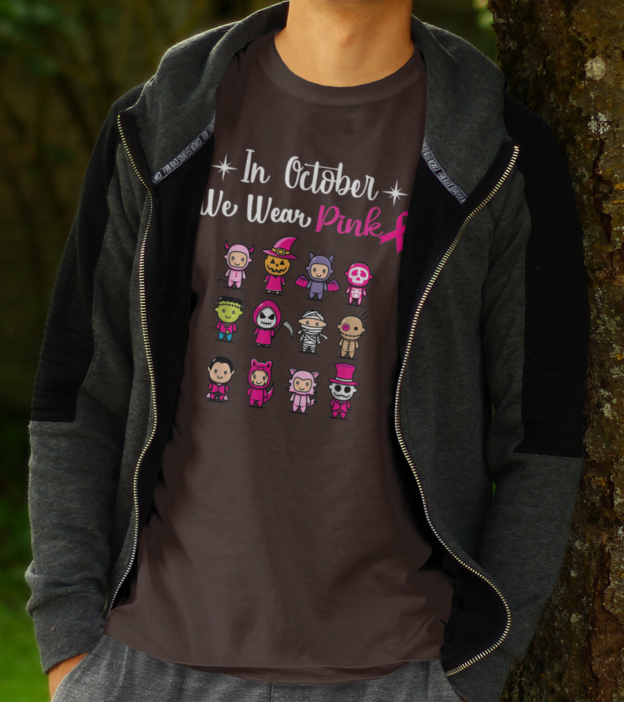 In October We Wear Pink Breast Cancer Awareness Halloween Characters T-Shirt