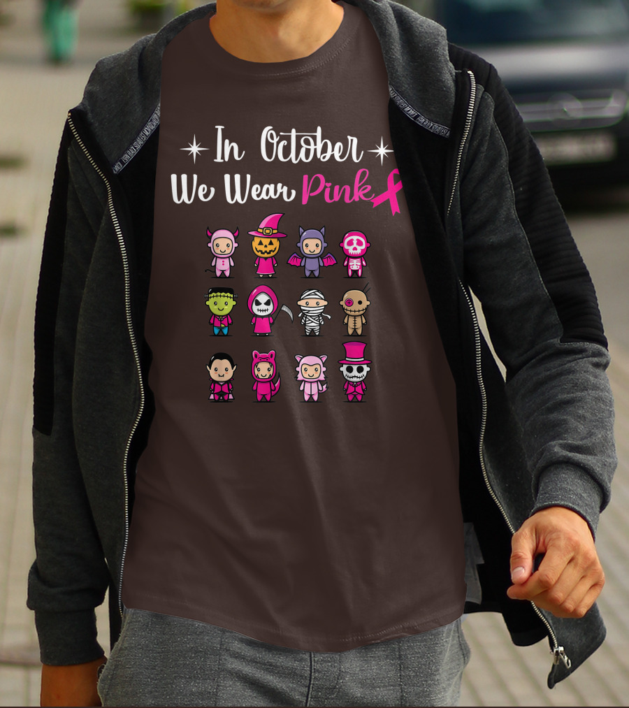 In October We Wear Pink Breast Cancer Awareness Halloween Characters T-Shirt
