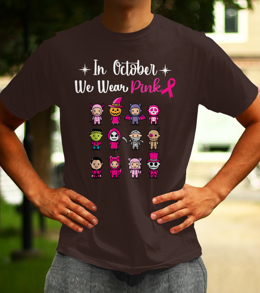 In October We Wear Pink Breast Cancer Awareness Halloween Characters T-Shirt