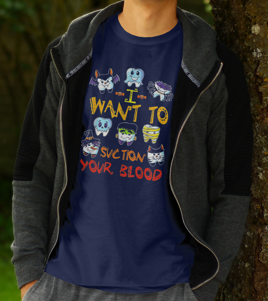 I Want To Suction Your Blood Halloween Tooth Characters T-Shirt
