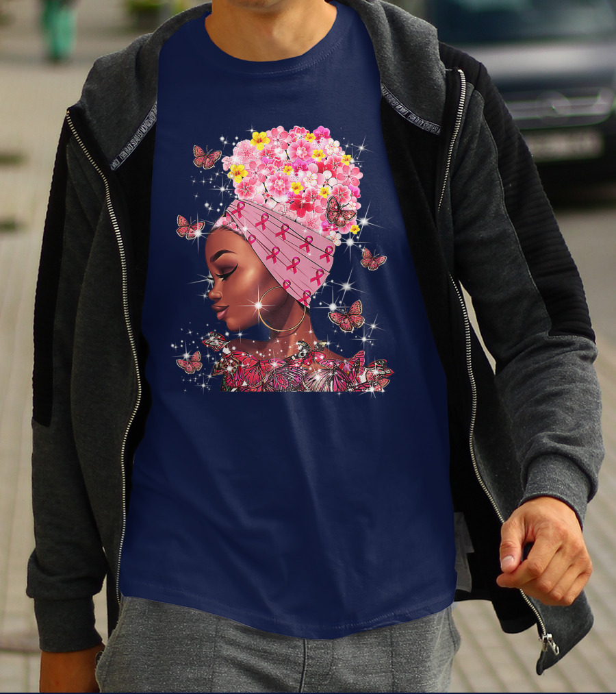 In October We Wear Pink Black Flowers Butterflies Ribbons T-Shirt