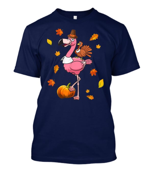 Thanksgiving Flamingo Pilgrim And Turkey With Autumn Leaves And Pumpkin T-Shirt