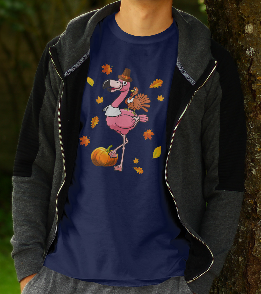 Thanksgiving Flamingo Pilgrim And Turkey With Autumn Leaves And Pumpkin T-Shirt