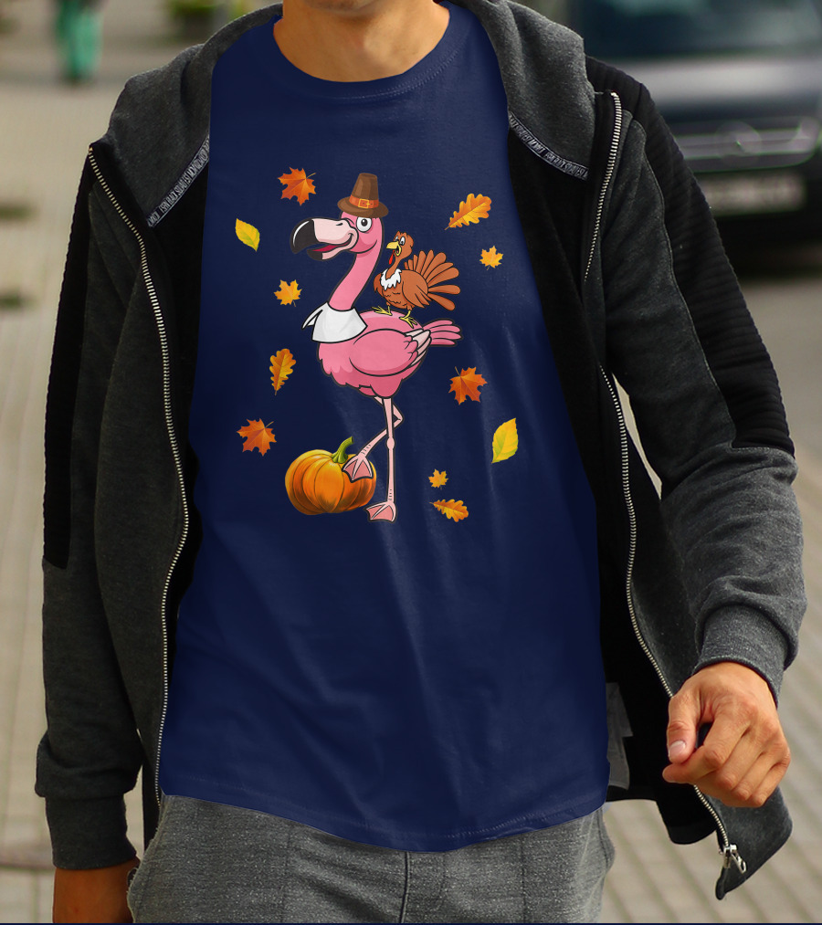 Thanksgiving Flamingo Pilgrim And Turkey With Autumn Leaves And Pumpkin T-Shirt