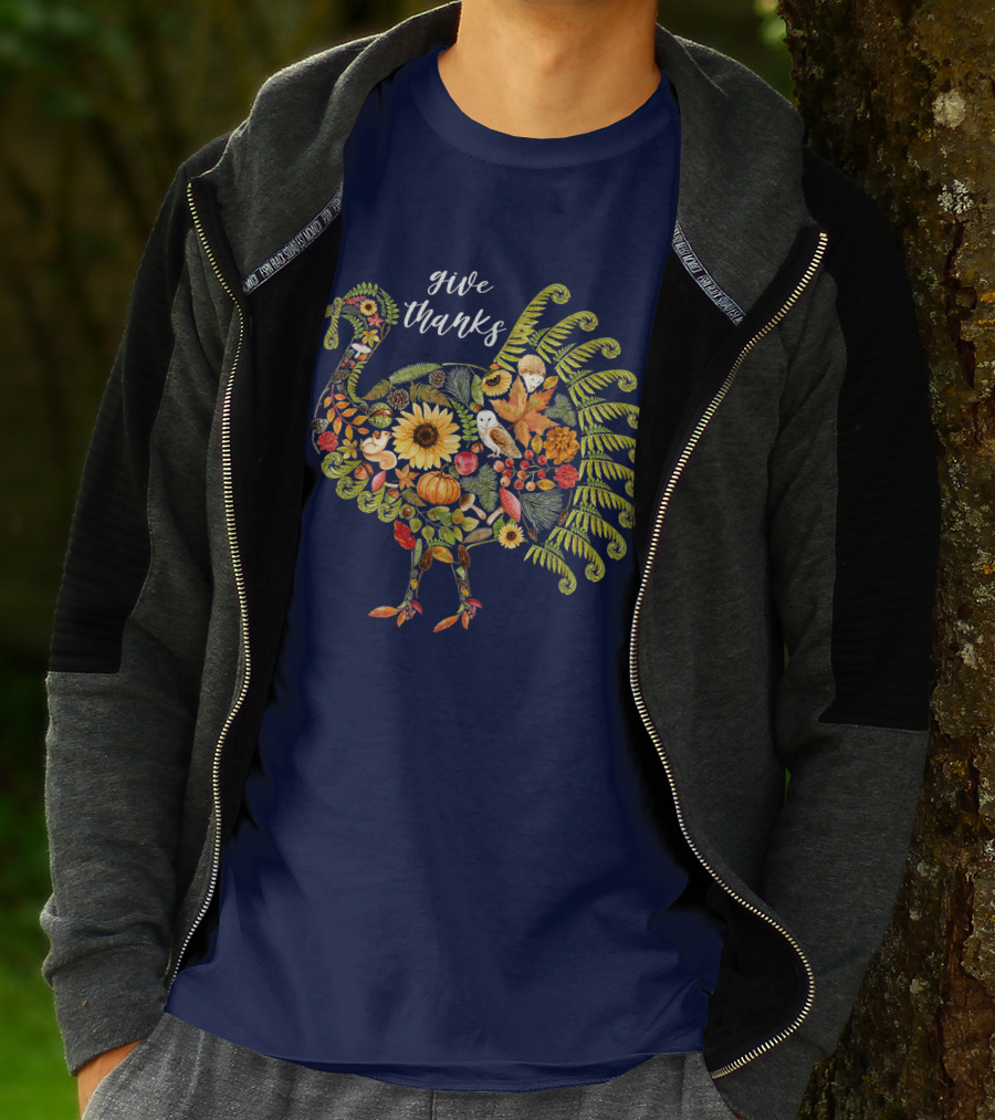 Give Thanks Vintage Autumn Botanical Turkey Thanksgiving T-Shirt
